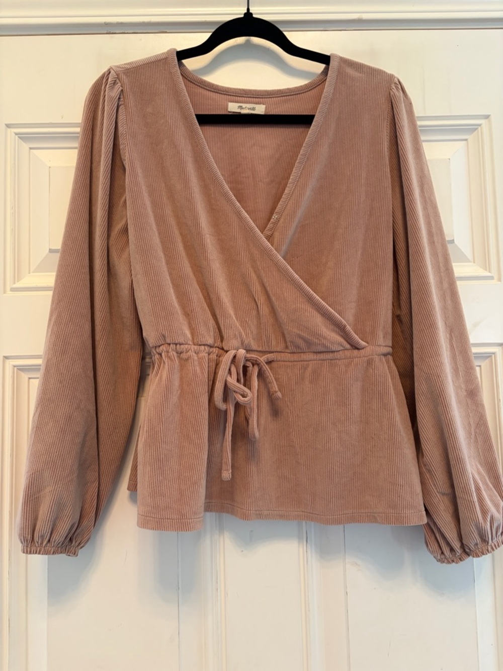 Madewell Ribbed Corduroy Crossover Long Sleeve Top in Dusty Rose